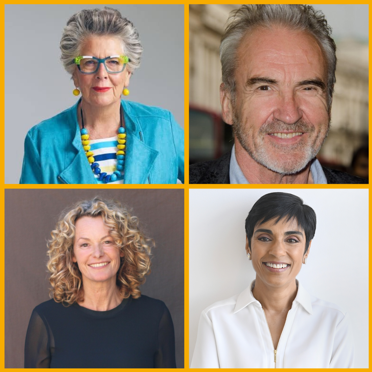 Collage (top left) Prue Leith, (top right) Larry Lamb, (bottom left) Kate Humble, (bottom right) Reeta Chakrabarti - photo by Jeff Overs
