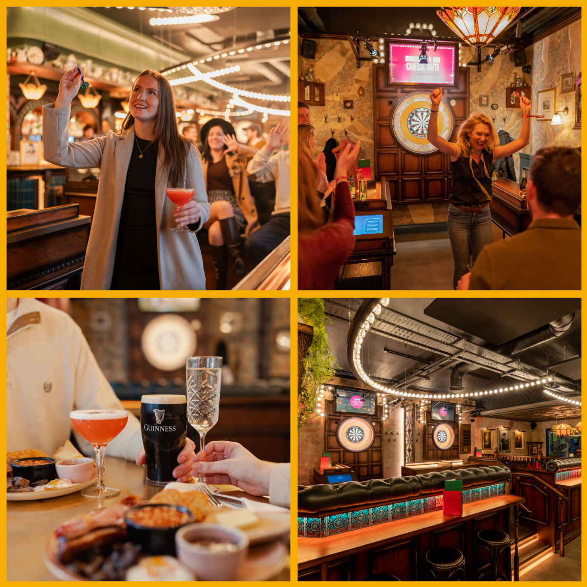 Images of guests enjoying social dart, food and drink at Flight Club Cheltenham