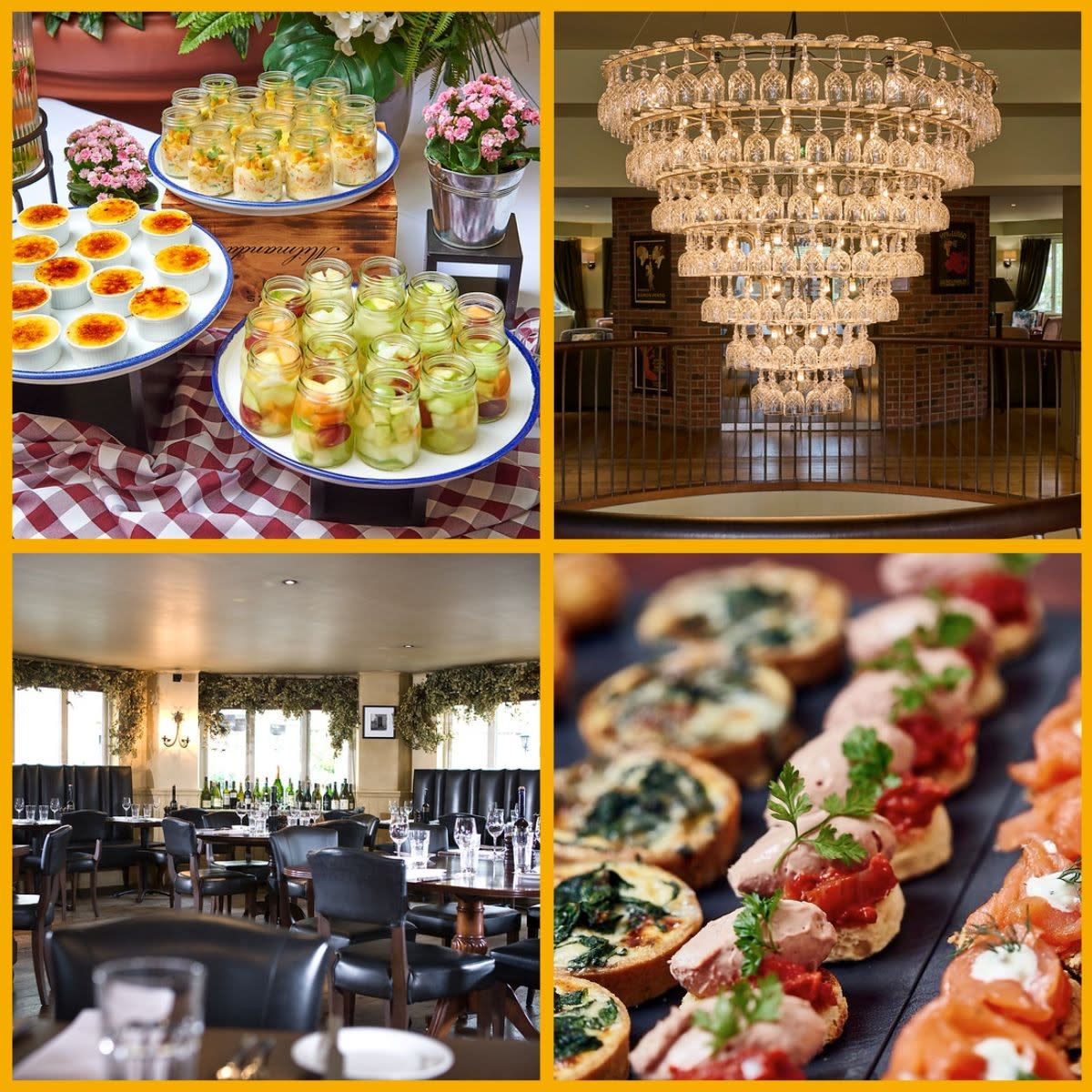 A collage of images of food, brasserie and chandelier at Hotel du Vin Cheltenham