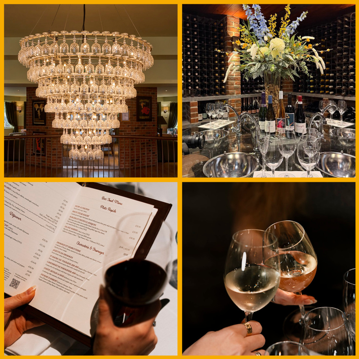 Images of chandelier, wine tasting room, wine in glasses