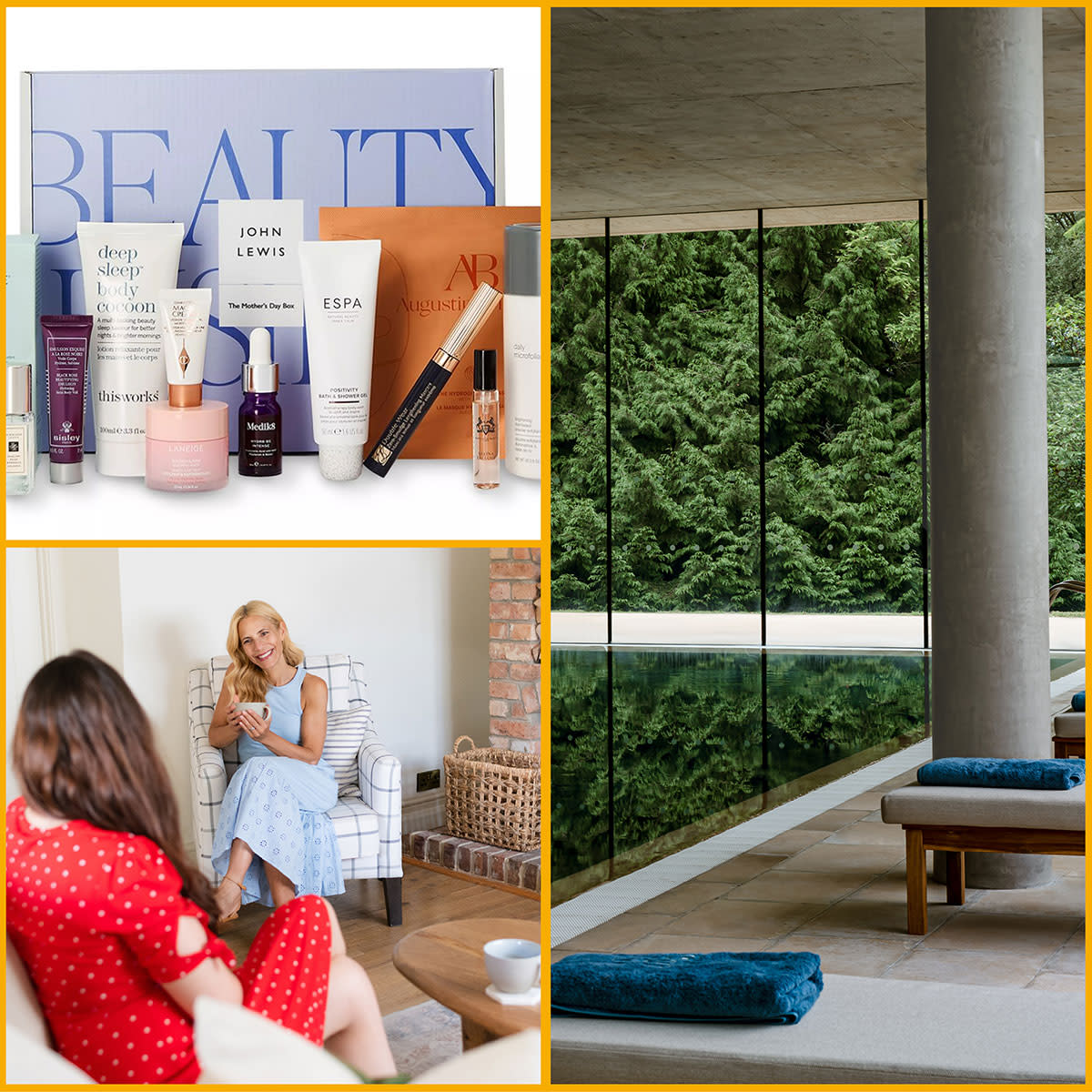 Image shows a display of beauty products, two ladies chatting and the pool at Cowley Manor.