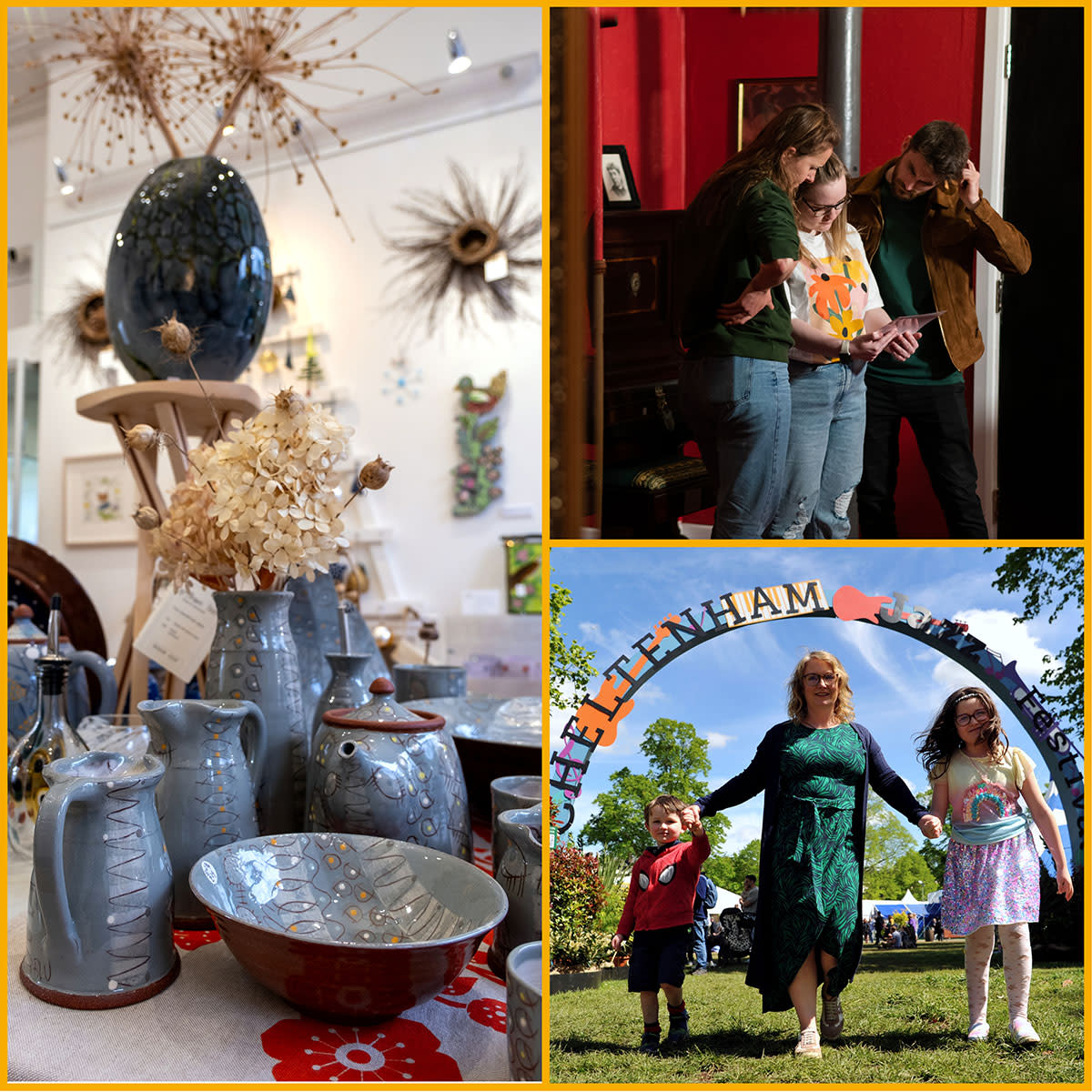 Image shows a display of gifts, people enjoying Escape Room and a women with two Children at Cheltenham Jazz Festival