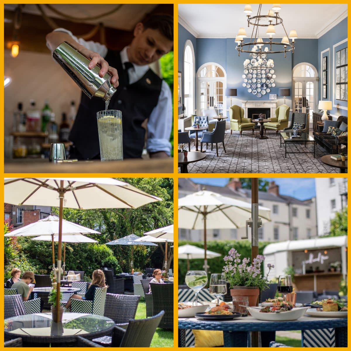 Image shows a cocktail being made, guests seated at tables and chairs in the summer garden, food dishes served on a table outside in a garden and the hotel lounge of Queens Hotel Cheltenham.