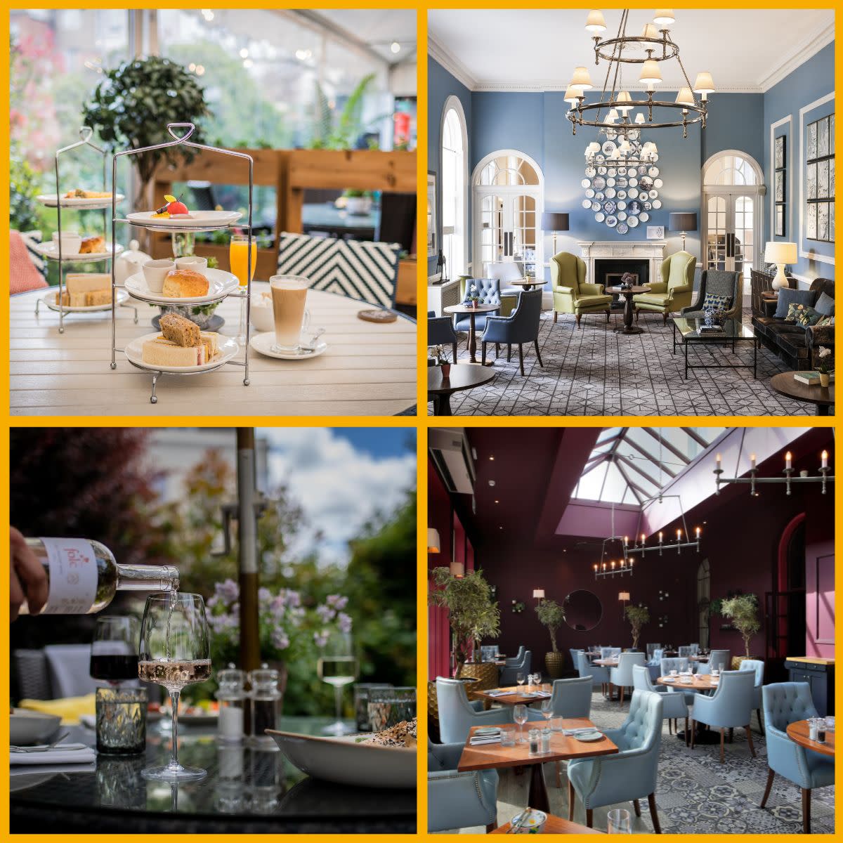 Image shows afternoon tea, a glass of wine being poured, tables and chairs at the lounge and restaurant of Queens Hotel Cheltenham.