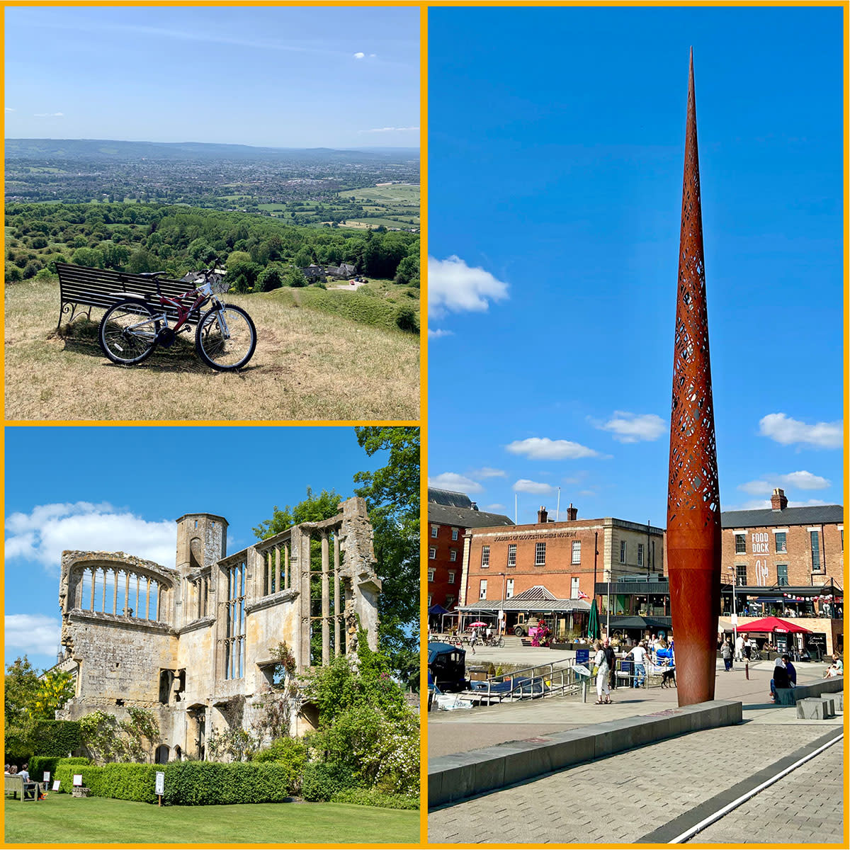 Collage of images featuring Cleeve Hill, Sudeley Castle and Gloucester Docks