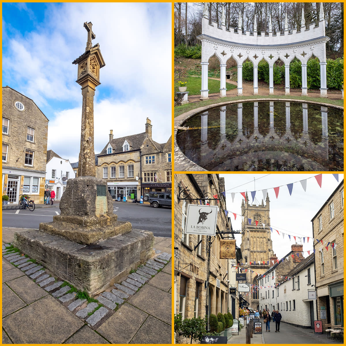 Collage of images features Stow-on-the-Wold, Painswick Rococo Garden and Cirencester