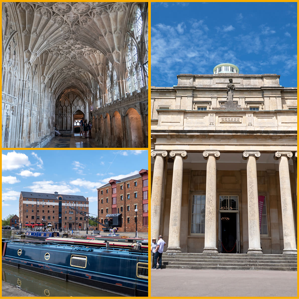 Collage of images feature Cheltenham and Gloucester TV and film locations - Gloucester Cathedral, Gloucester Docks, Pittville Pump Room
