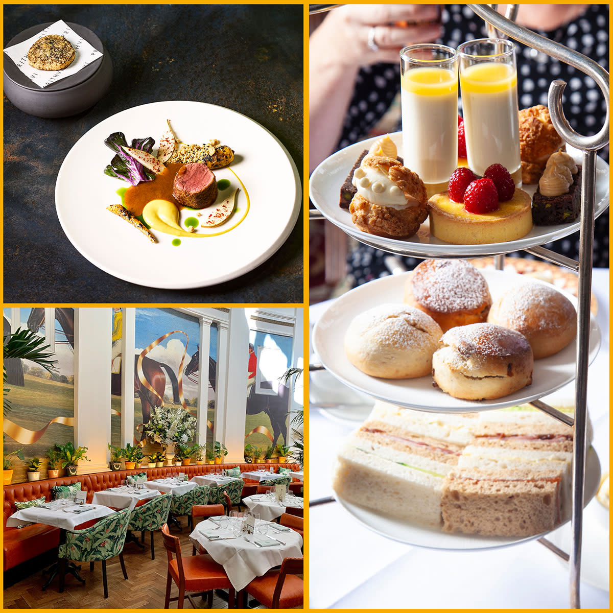 Image shows a collage of images of dining tables at The Ivy Cheltenham, afternoon tea at Ellenborough Park and a main course at Prithvi