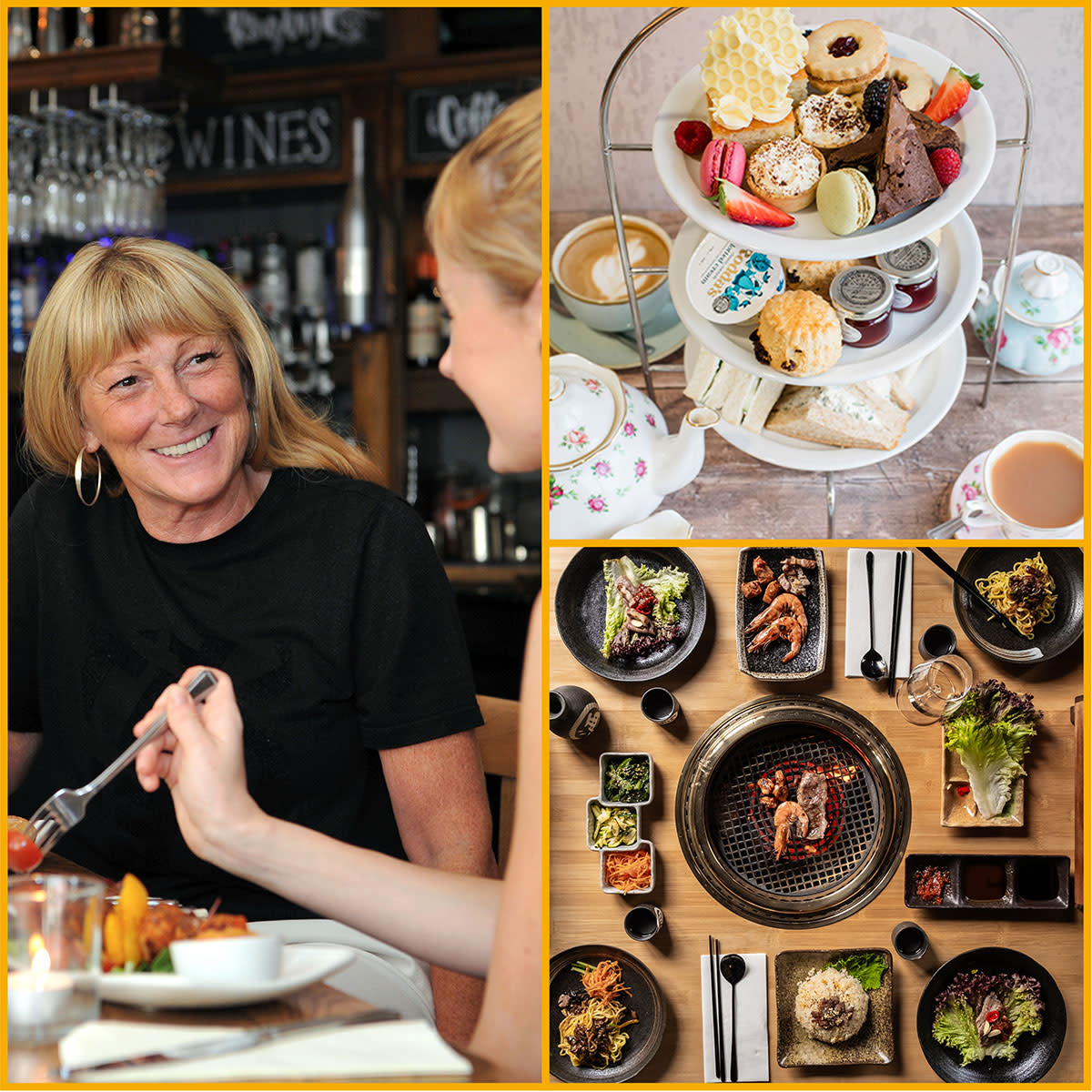 Image shows two ladies enjoying a meal at Tailors, afternoon tea at Webbs and food served at Nagomi.