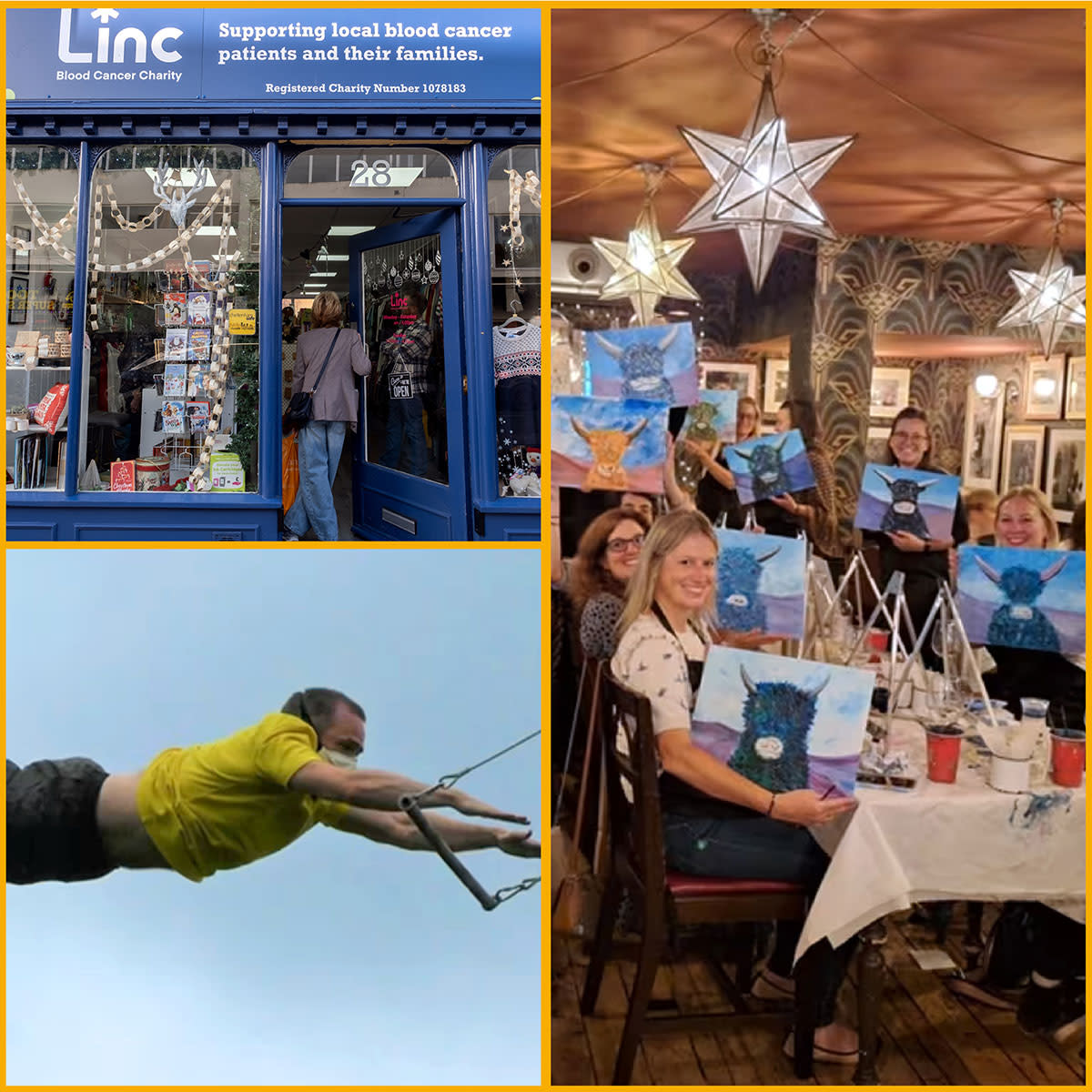 Collage of new activities to try in Cheltenham from trapeze swinging to grabbing a bargain at a charity shop to paint classes.