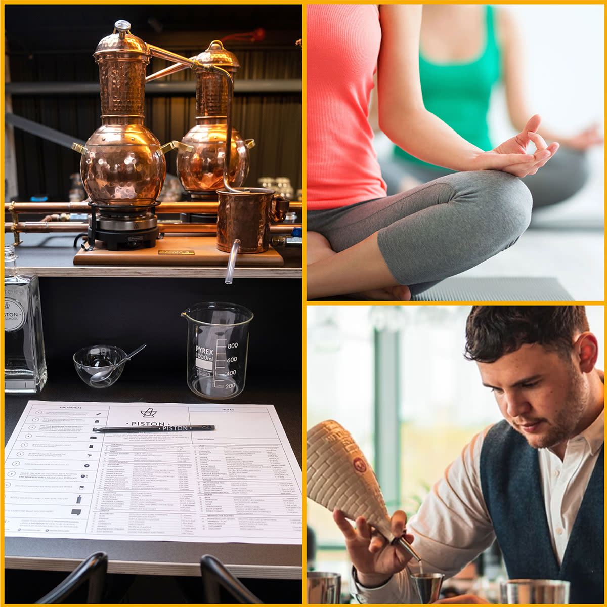 Collage of new activities to try in Cheltenham from gin distilling to yoga and cocktail making.