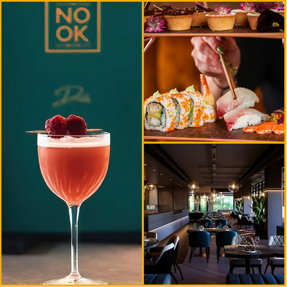 Collage of images featuring The Nook on Five, KIBOU and Şef Steakhouse