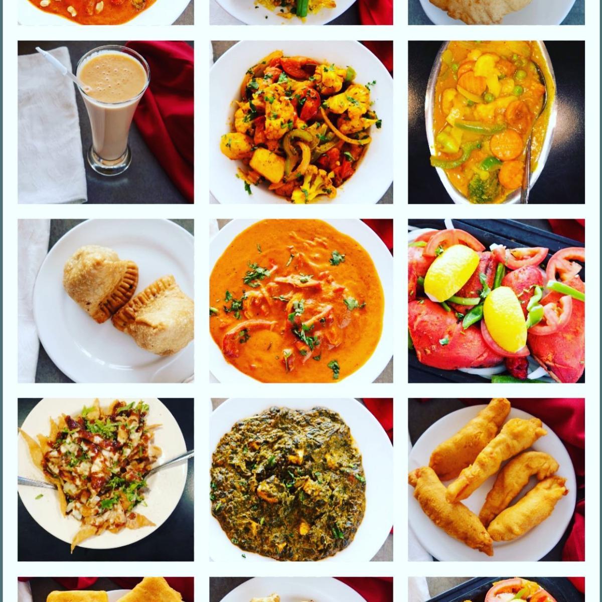 Tiled images of all types of Indian cuisine including nan, curry and drinks.