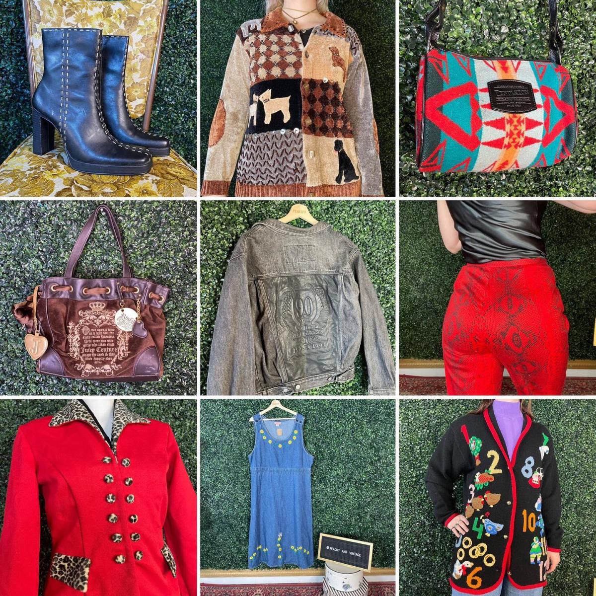 Image is of 9 squares of photo's with a different item in each square which include a jean jacket, handbag, black boots, pants, a pillow, a jean dress and more.