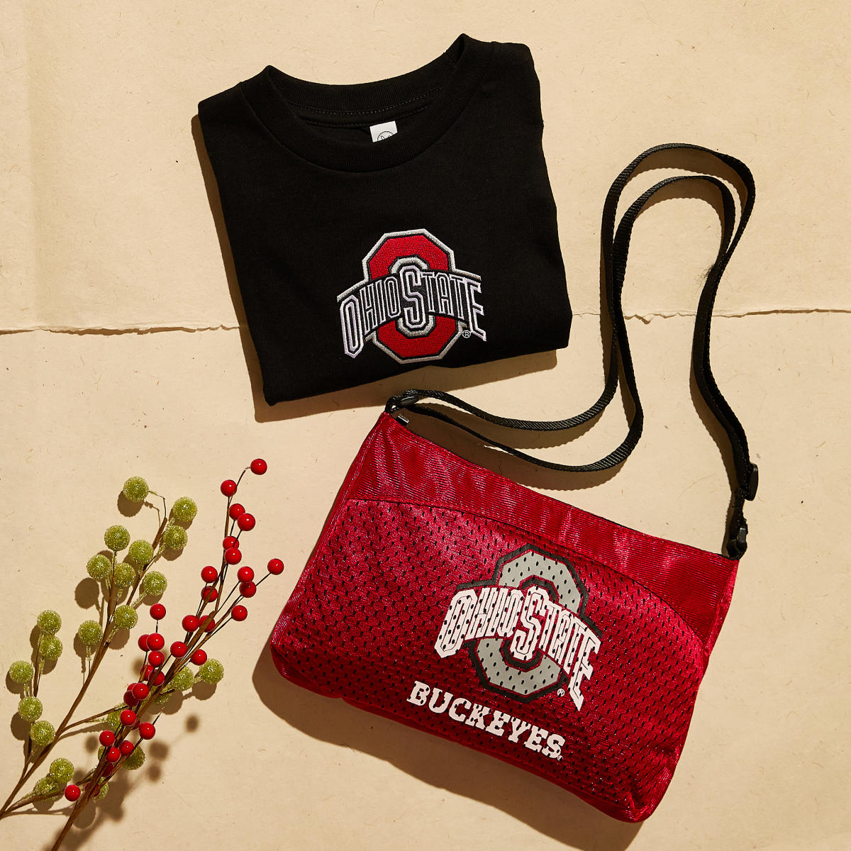 Black t-shirt with Ohio State logo and red purse with Ohio State logo from Ohio Buckeye Connection