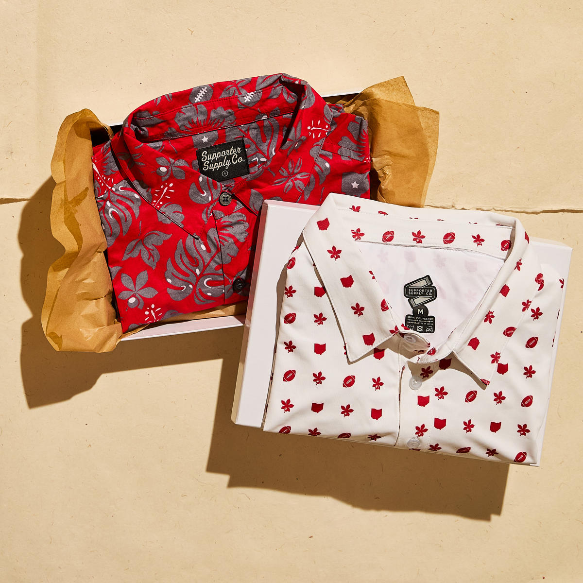 Red and white, Hawaiian-themed football golf shirts from Supporter Supply Co.
