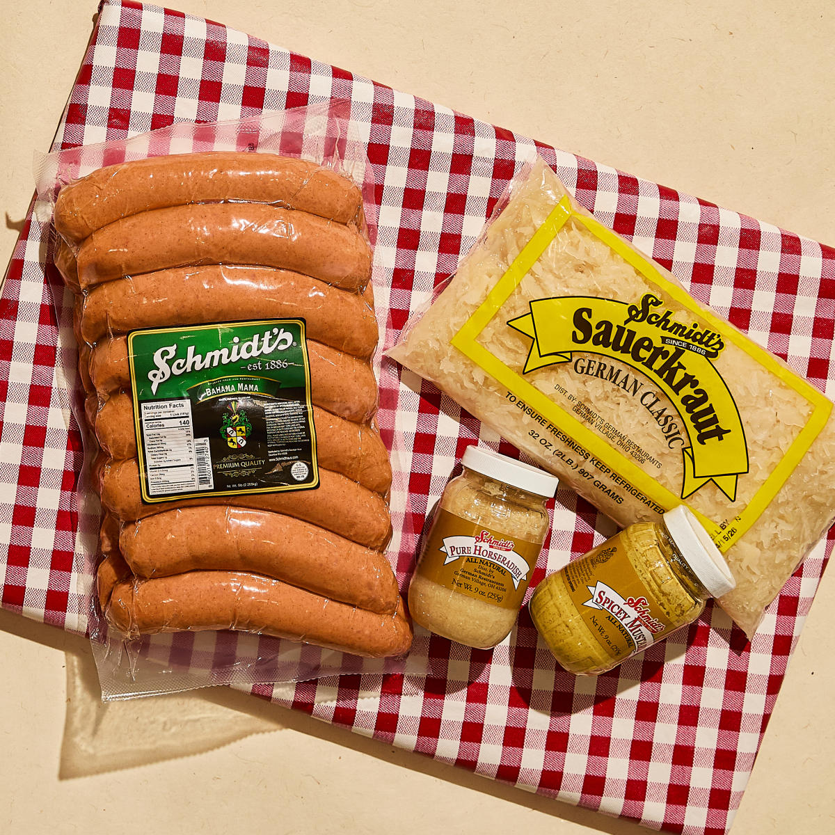 Bahama Mama sausages, a bag of Sauerkraut, and two jars of Horseradish from Schmidt's Sausage Haus und Restaurant