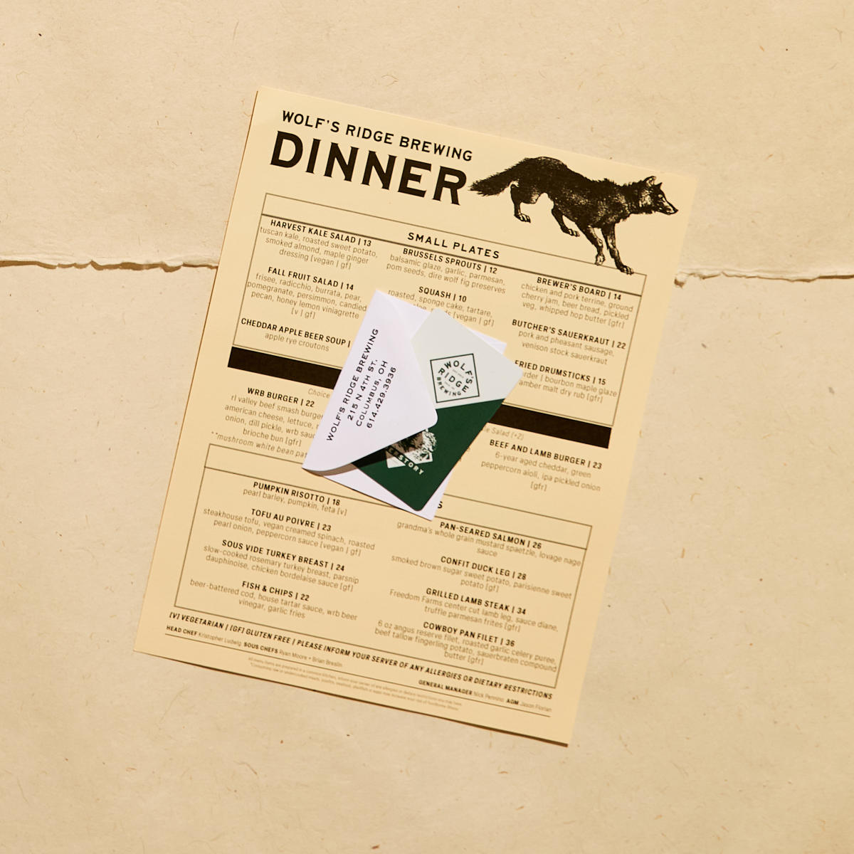 Printed menu and gift card from Wolf's Ridge Brewing