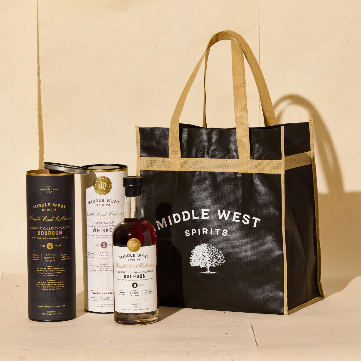 Bottles of bourbon and whiskey from Middle West Spirits