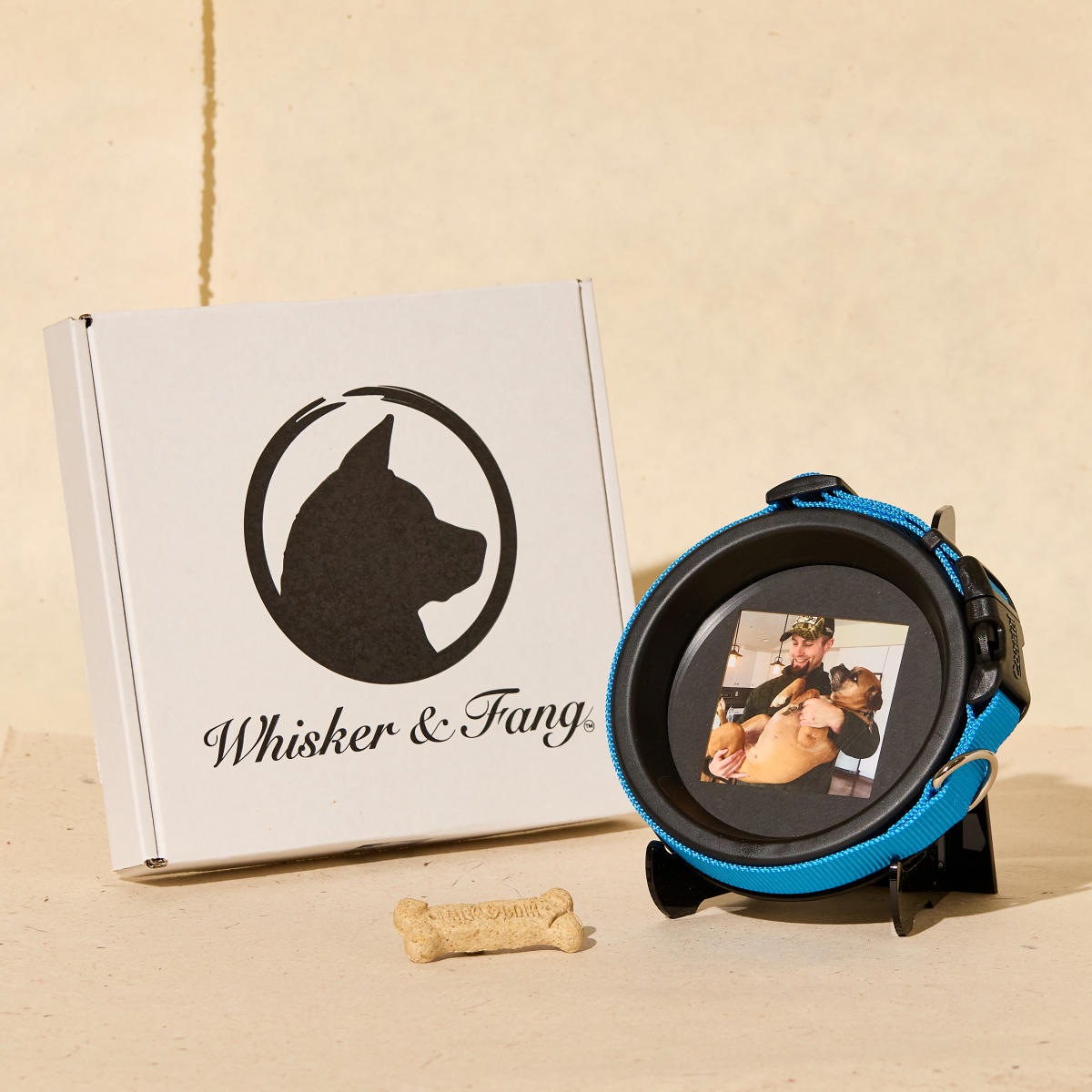 Pet collar wrapped around a framed photo of a dog from Whisker and Fang