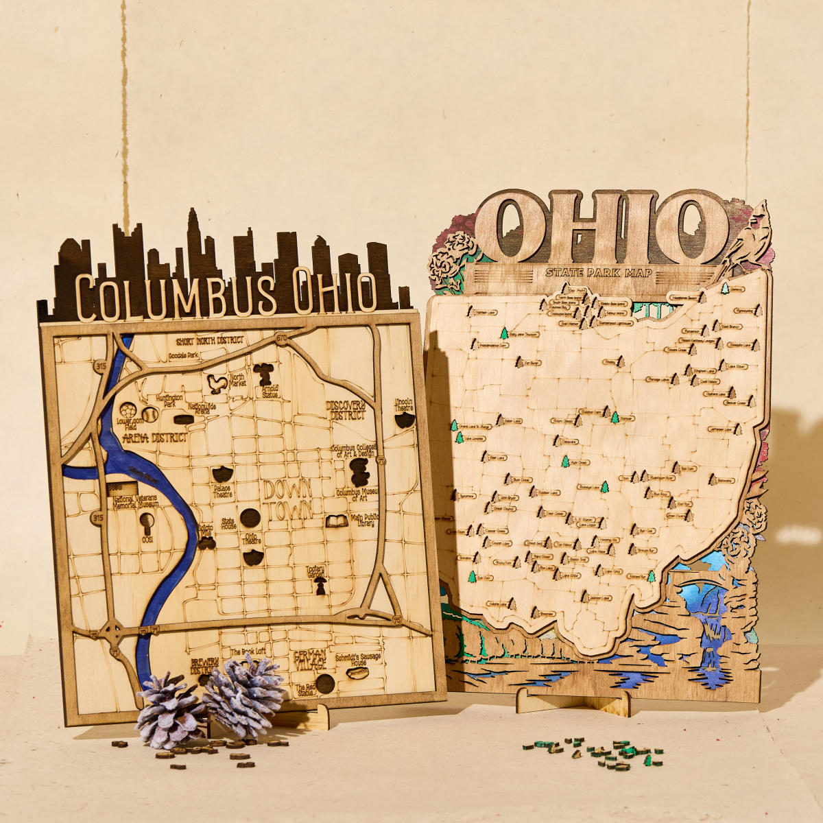 Two wooden maps with engravings - one for Columbus and one for Ohio