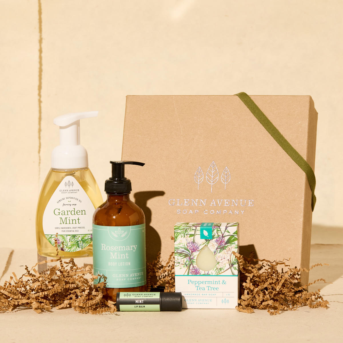 Assortment of mint scented bath and body products from Glenn Avenue Soap Company