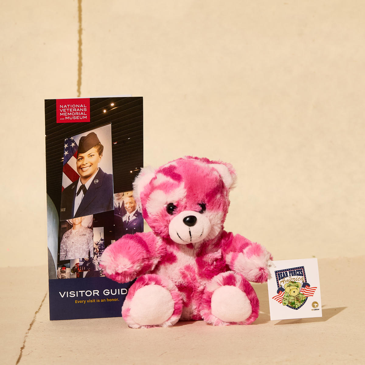 Pink camoflauge teddy bear from National Veterans Memorial and Museum