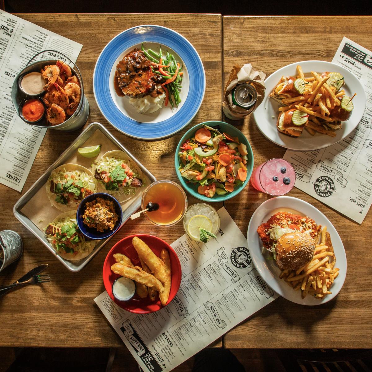 Variety of food dishes from Rusty Bucket