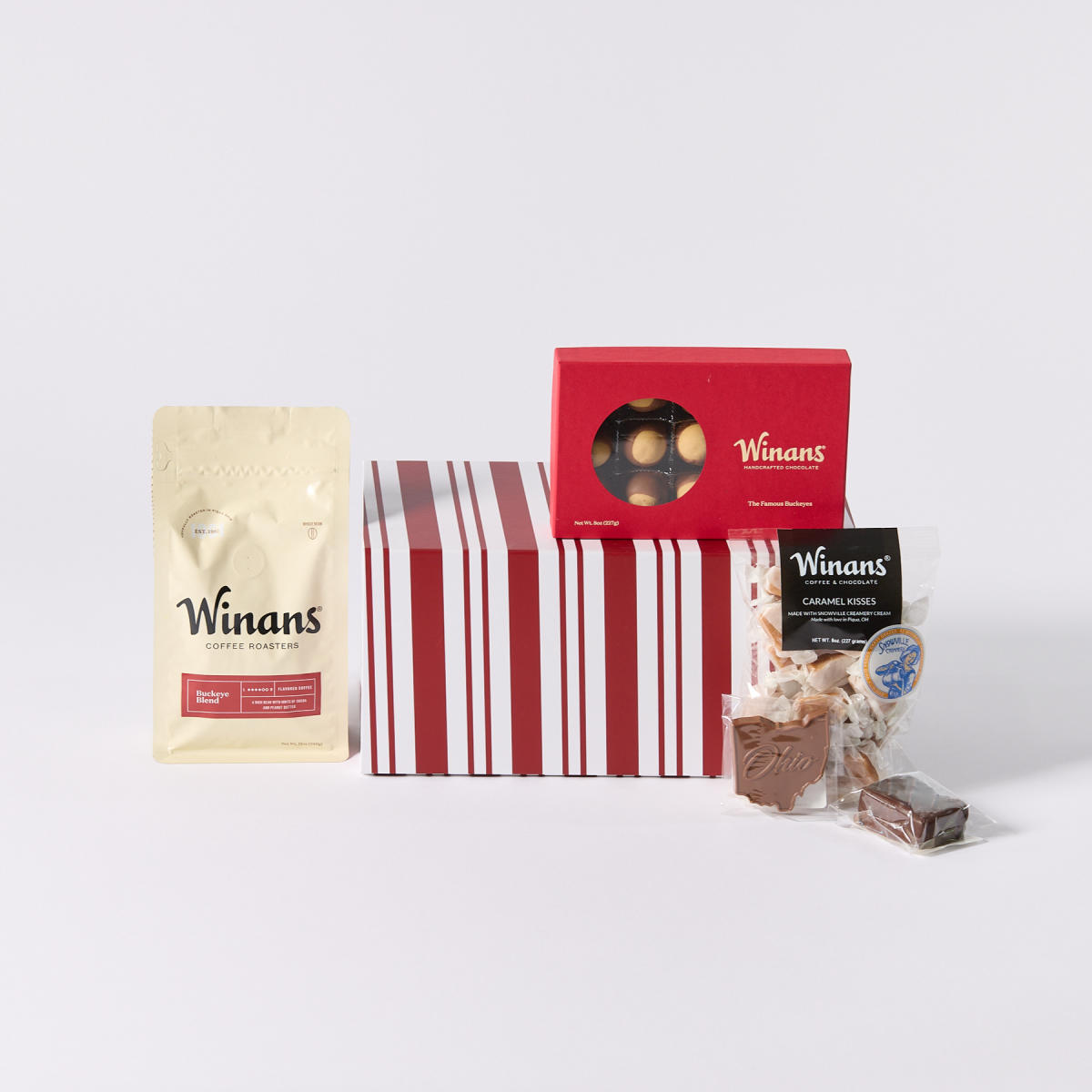 Winan's Coffee & Chocolates "Made in Ohio" gift set, featuring buckeyes, a buckeye blend of ground coffee, caramel kisses and more.