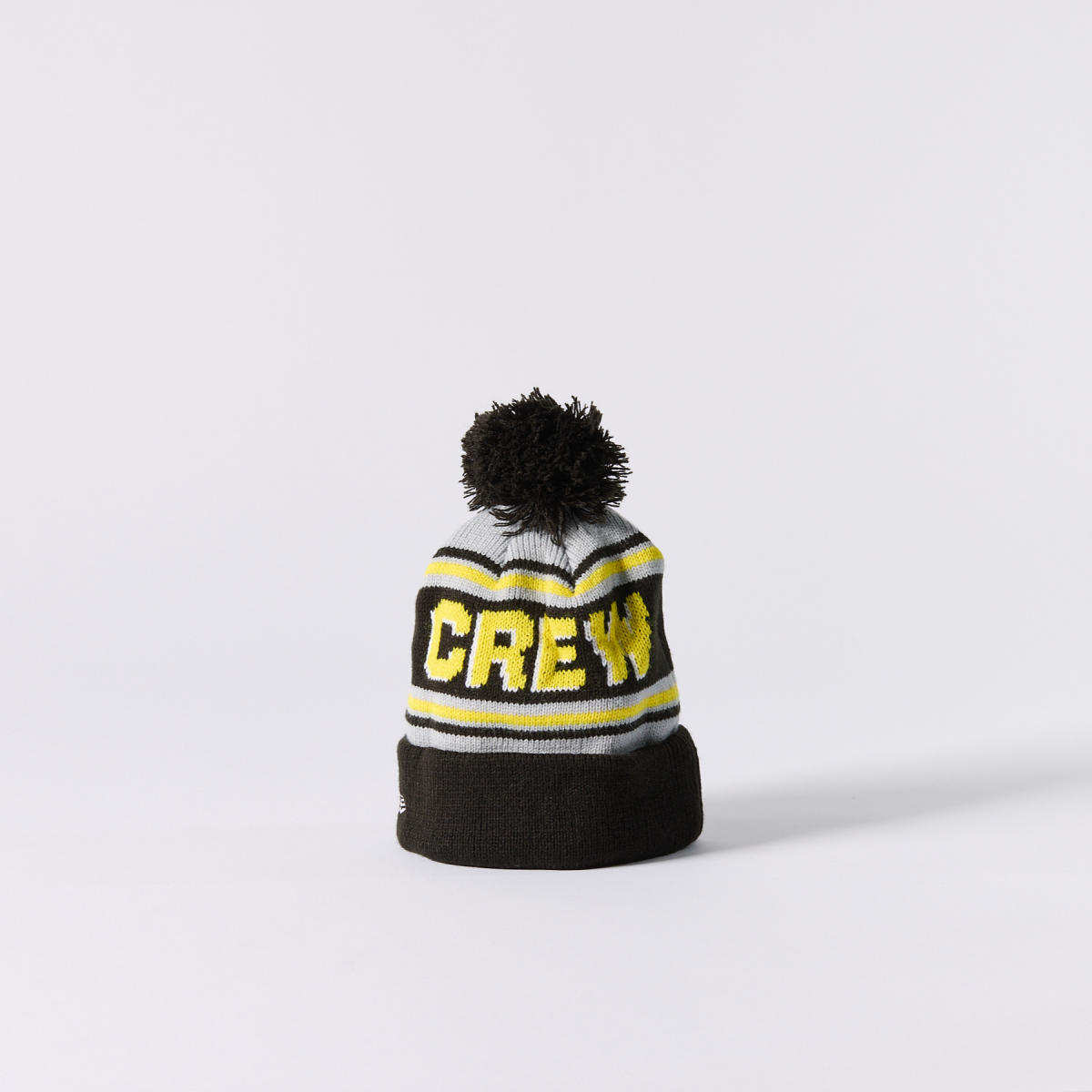 Black, grey and yellow "CREW" Columbus Crew beanie with a black pom-pom