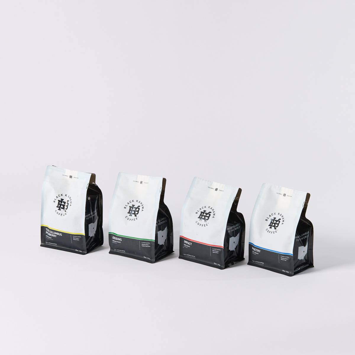 Four flavored coffee bags from Black Kawaha Coffee