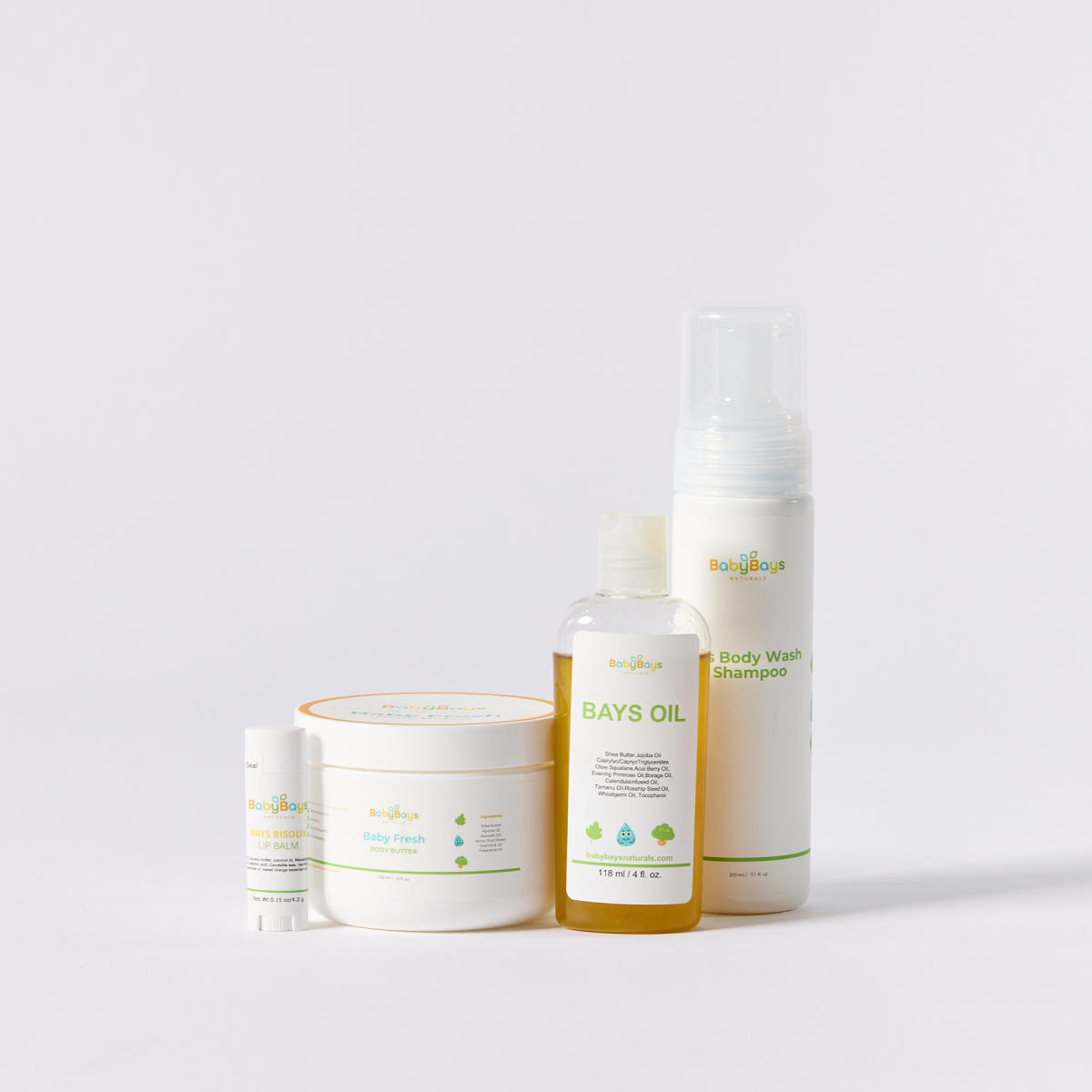 BabyBays lip balm, body butter, baby oil and shampoo