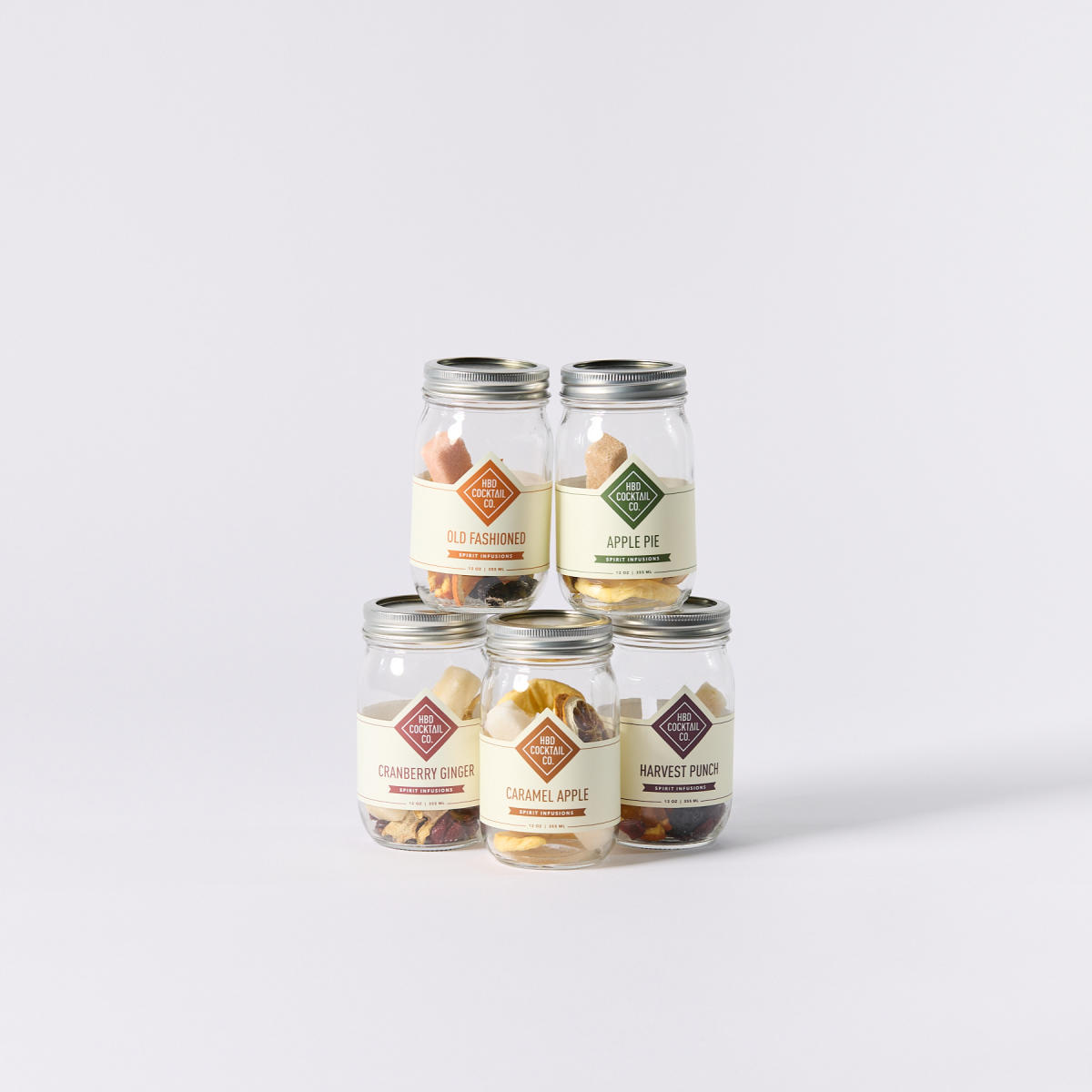 Five spirit infusion jars from High Bank Distillery's "HBD Cocktail Co.” line