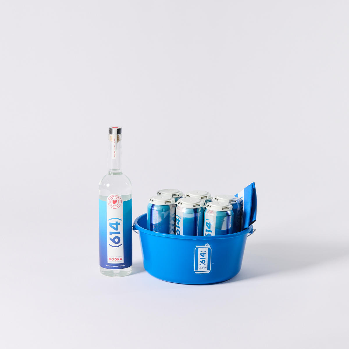 A bottle of (614) Vodka and a 6-pack of (614) lager
