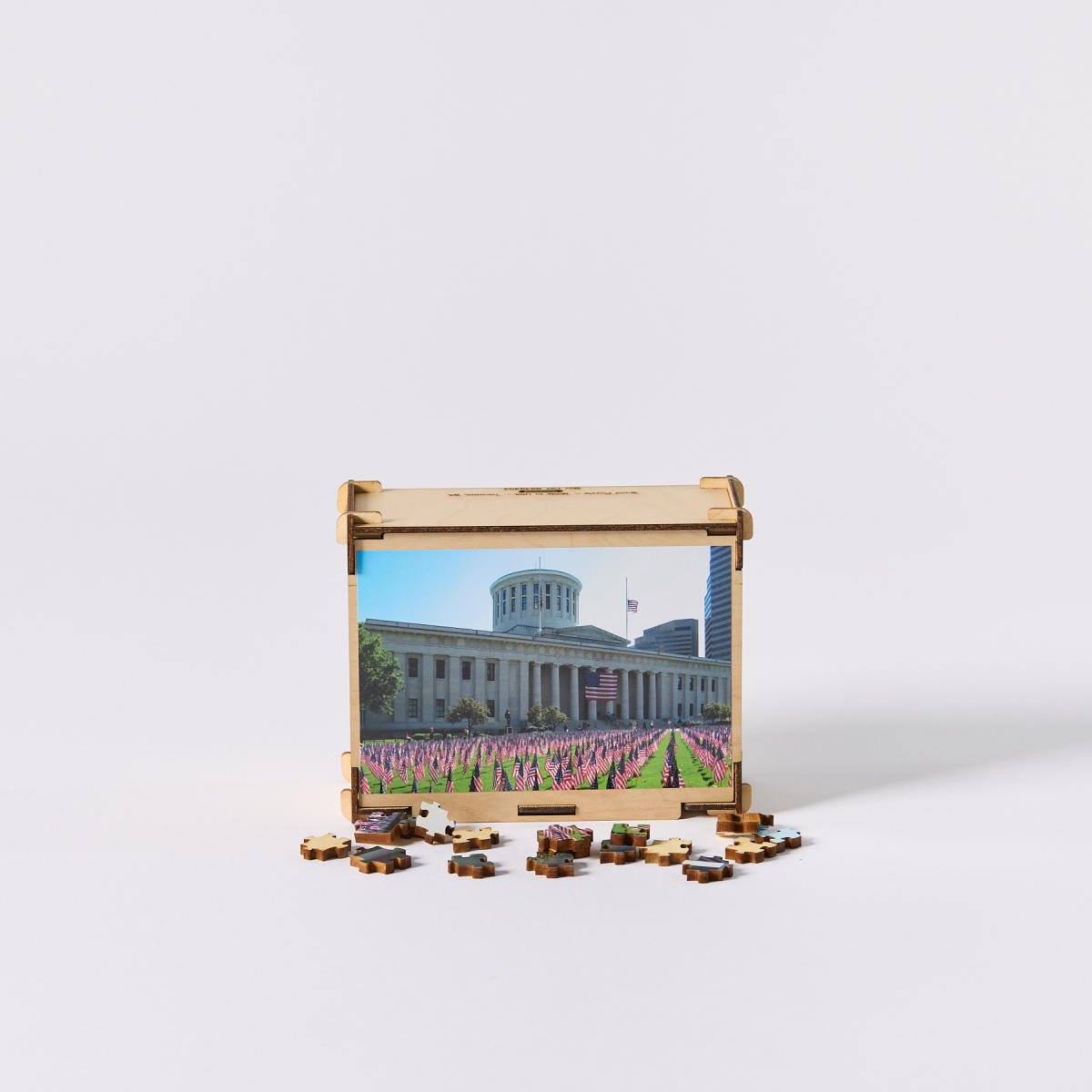 Wooden puzzle that looks like the Ohio Statehouse from the Ohio Statehouse Museum Shop