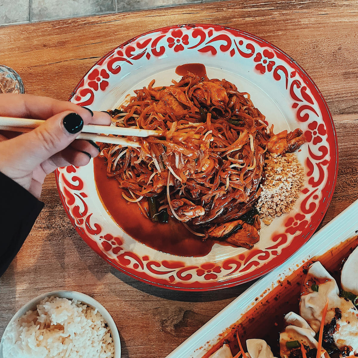 noodles, rice and potstickers at Sakhuu Thai