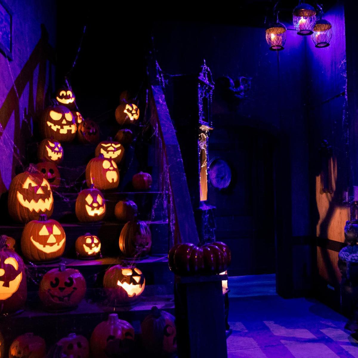 Stairs filled with jack-o-lanterns at Dorney Park in Allentown