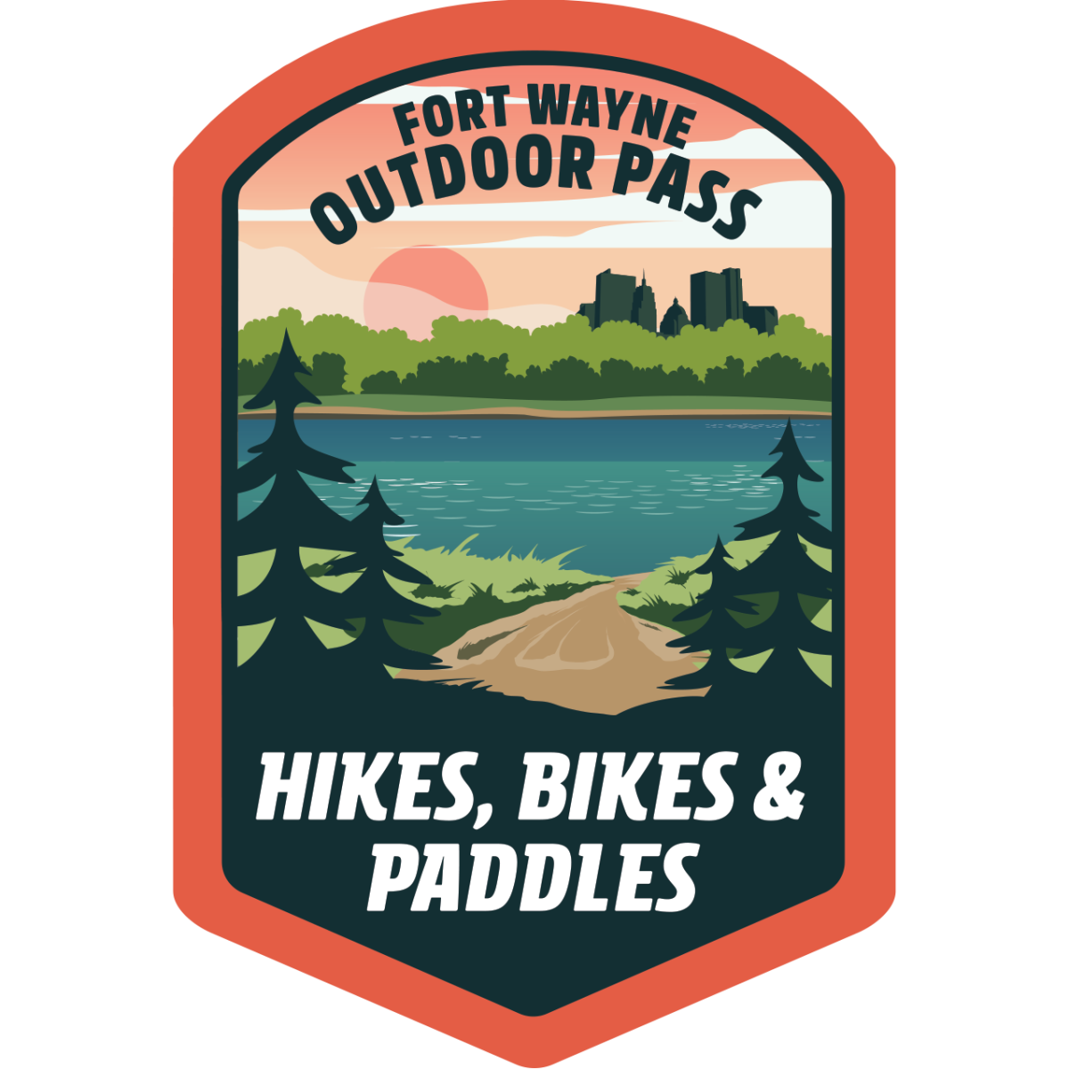 Hikes Bikes Paddles Sticker looks like a state parks badge with a pond and pine tree scape