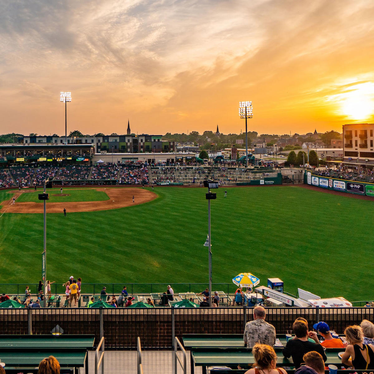 Sunset over a TinCaps baseball game at Parkview Field in Downtown Fort Wayne, Indiana