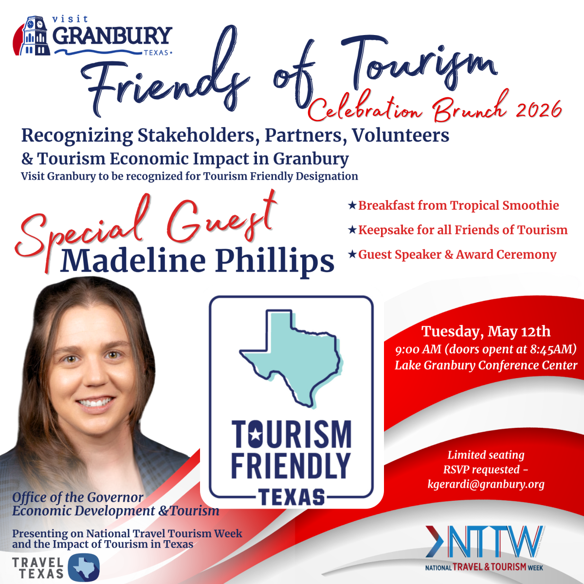 You're invited to the Friends of Tourism Celebration Brunch on Tuesday, May 12, 2026, at the David Southern Lake Granbury Conference Center.This annual event recognizes the vital role tourism plays in Granbury’s economy while celebrating the partners, stakeholders, and community members who contribute to the city’s continued success as a premier destination.The brunch will take place from 9:00 a.m. to 10:30 a.m. and is free to attend with RSVP. Seating is limited. Tourism partners, local businesses, community leaders, and residents are invited to attend.