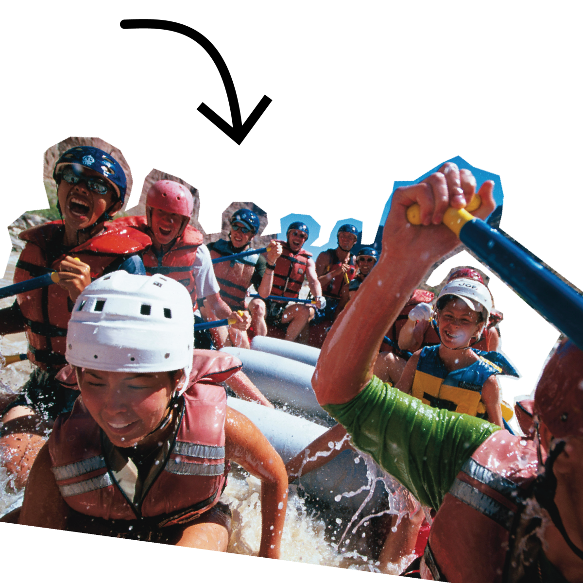 An arrow points to an image of a group of people white water rafting in Moab