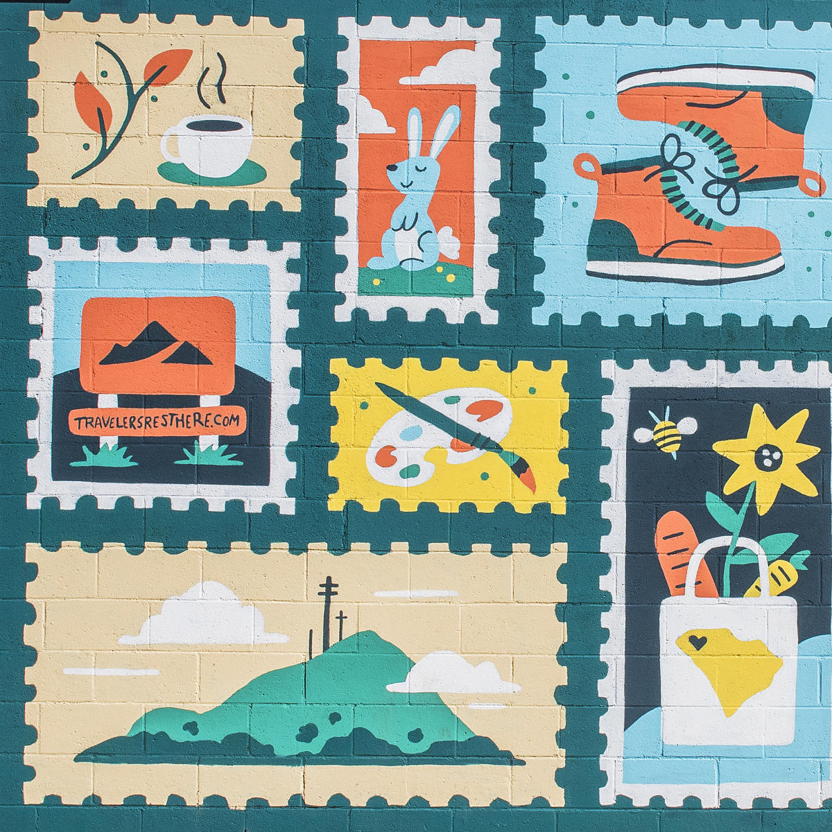 A postage stamp mural located in downtown Travelers Rest, South Carolina.