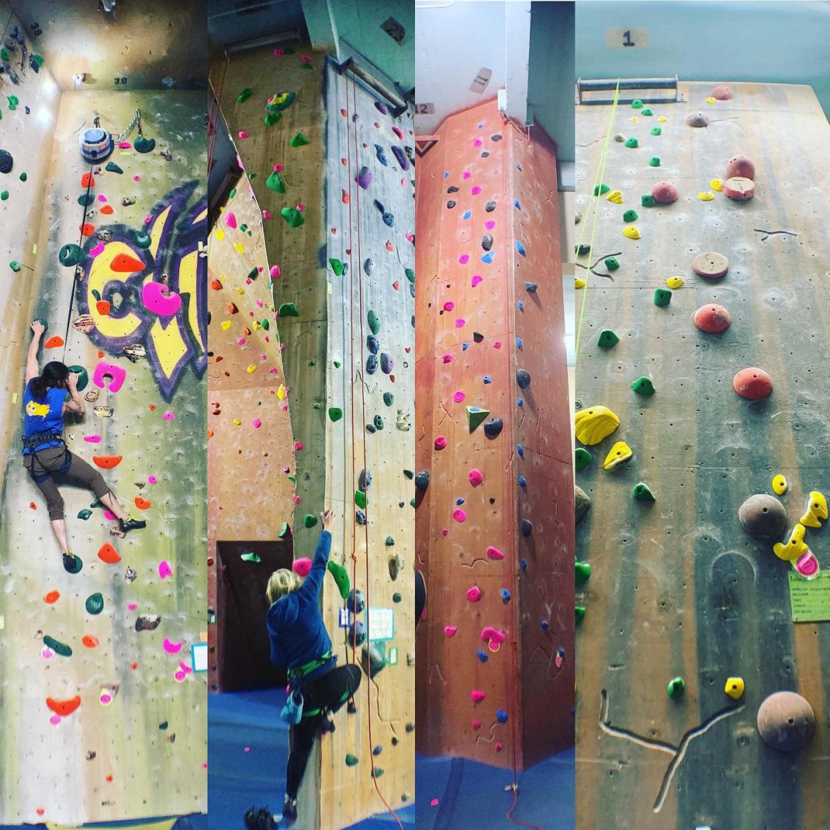 People scaling an indoor climbing wall