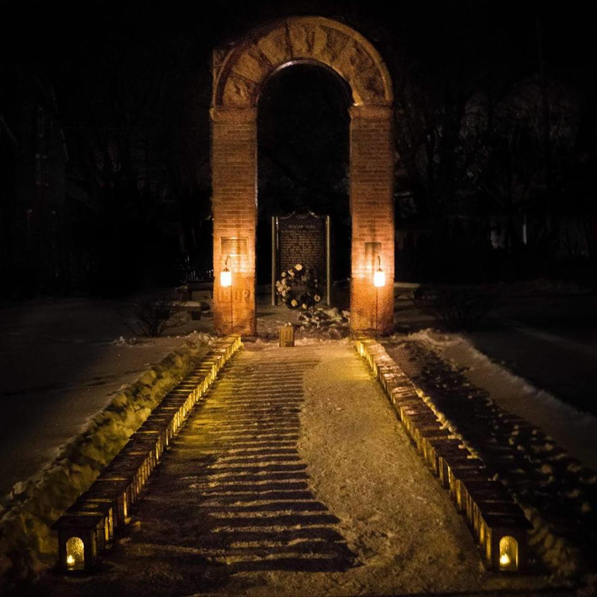 Italian Hall Memorial Park with luminaries on Christmas Eve