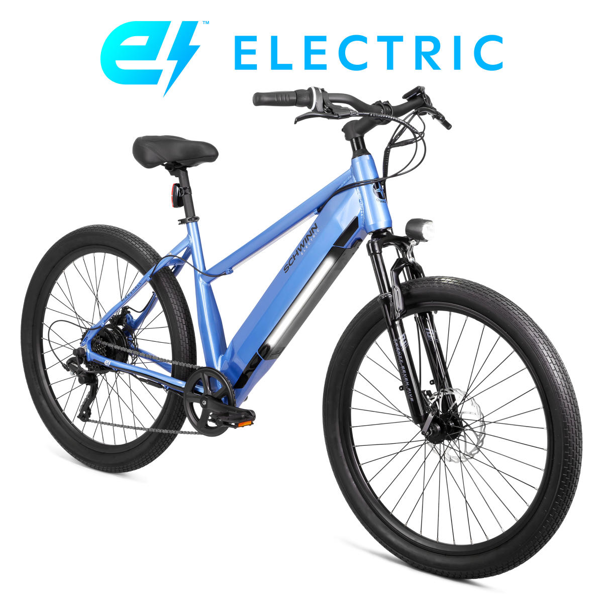A blue electric bicycle from Schwinn