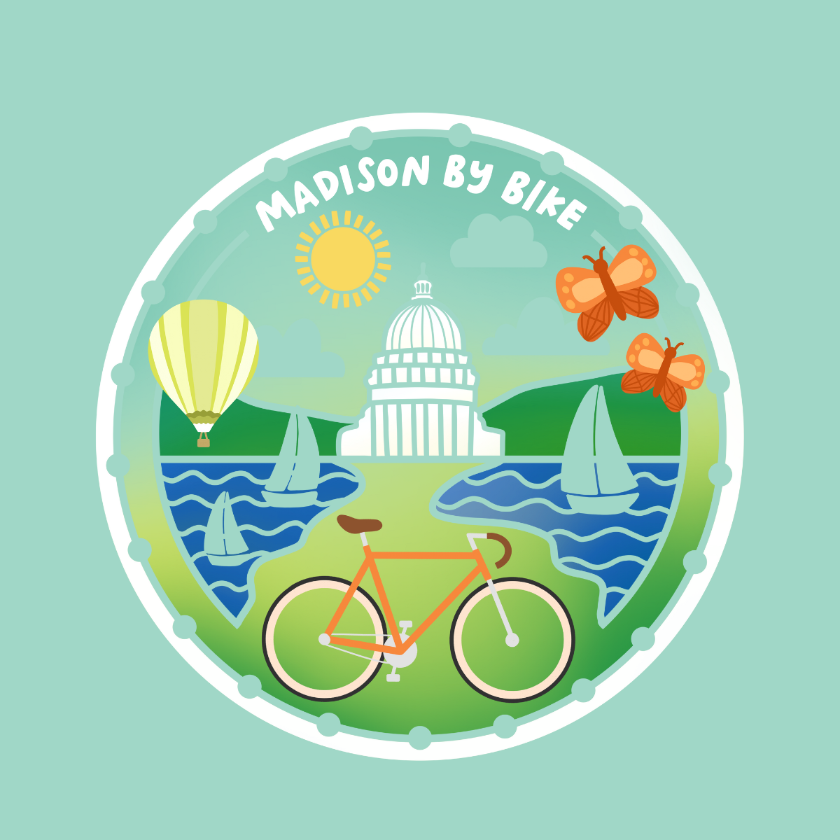 A sticker that says Madison BY Bike on top and has illustrations of the Capitol, lakes, a bike, a hot air balloon and butterflies