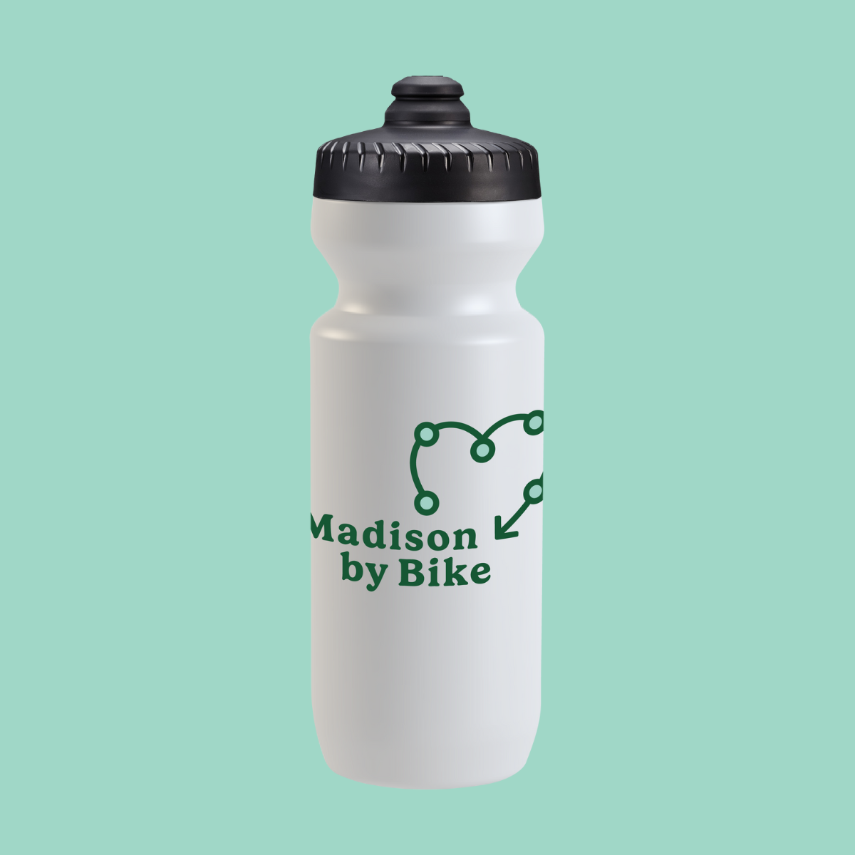 A white sport-squeeze water bottle with the Madison By Bike logo on it