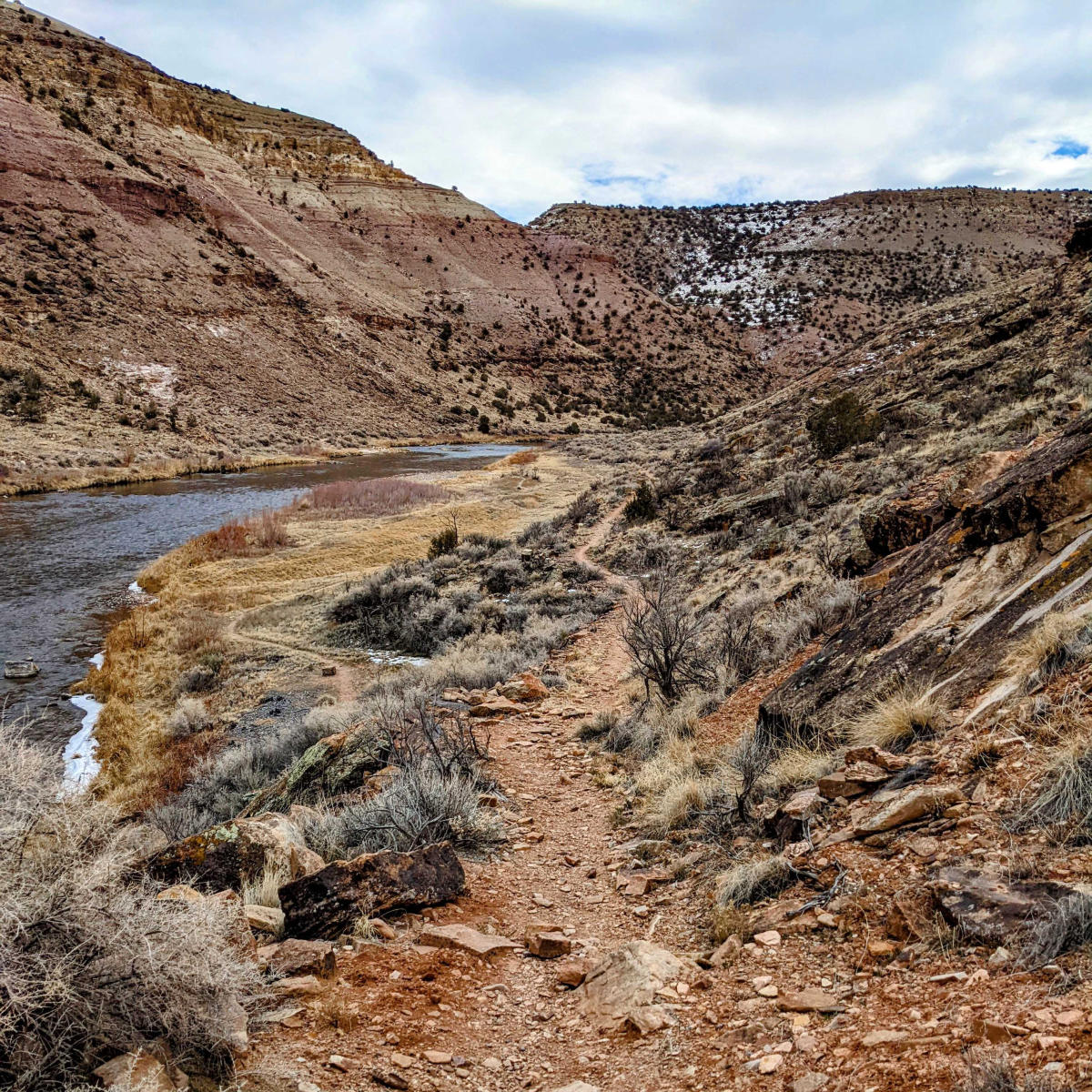 A dirt and rocky trail sits above the Gunnison River and leads deeper into the canyon with sage brush and shrubbery on both sides.
