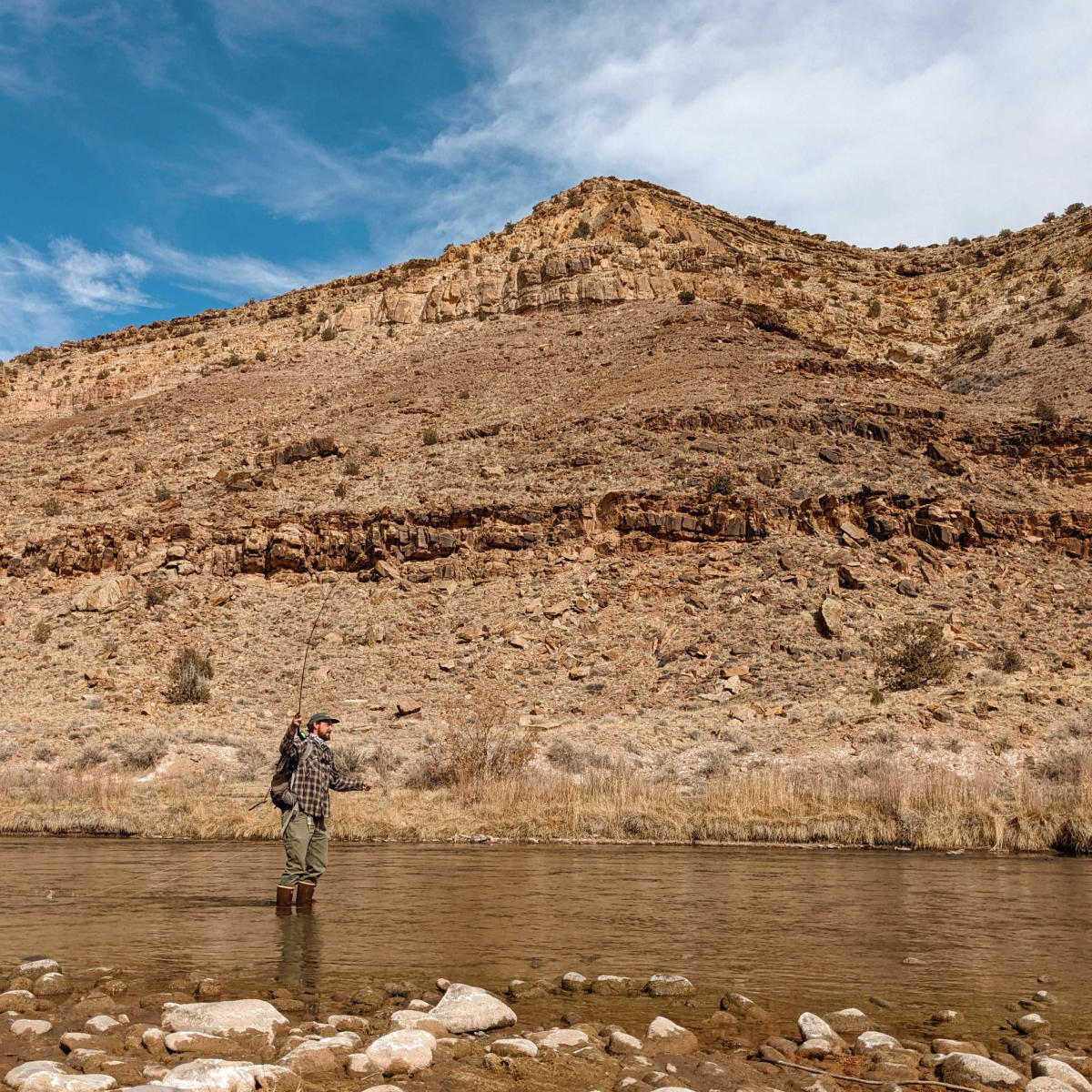 I fisherman stands in the river along the West River Trail, holding his bent fly rod high above his head with the golden walls of the Gunnison Gorge behind him.