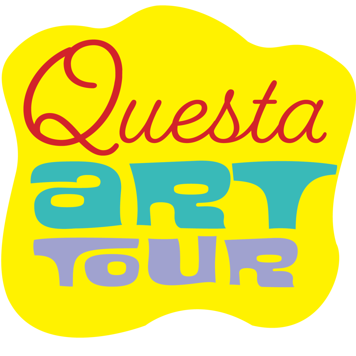 Logo for Questa Art Tour featuring stylized, colorful text on a yellow abstract background.